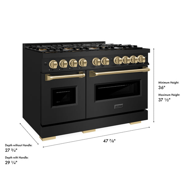 ZLINE Autograph Edition 48 in. 6.7 cu. ft. Classic Gas Range with 8 Burner DuoPro™ Cooktop and Dual Ovens in Black Stainless Steel and Champagne Bronze Accents (PCGRBZ-48-CB)
