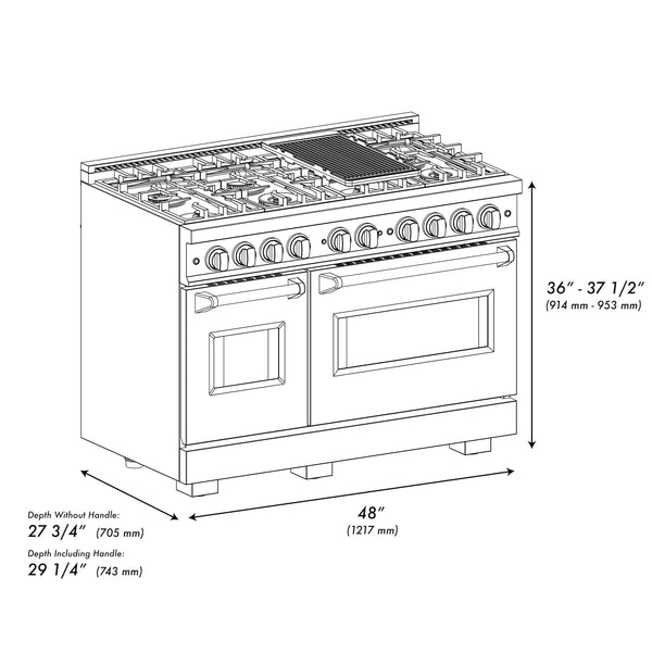 ZLINE 48 in. 6.7 cu. ft. Classic Double Oven Gas Range with 8 Burner Cooktop in Satin Stainless Steel with Black Matte Doors (CGRS-BLM-48)