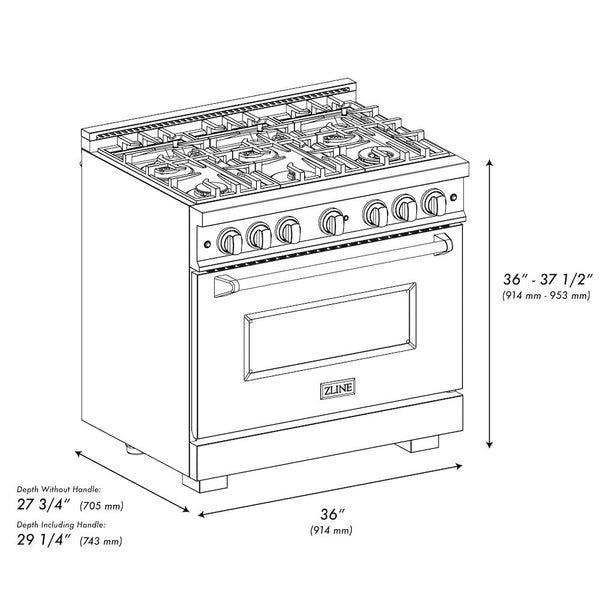 ZLINE Autograph Edition 36 in. 5.2 cu. ft. Classic Dual Fuel Range with 6 Burner Gas Cooktop and Electric Convection Oven in DuraSnow® Stainless Steel with Black Matte Door and Champagne Bronze Accents (CDRSZ-BLM-36-CB)