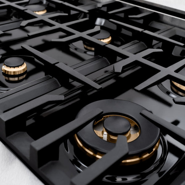 ZLINE Autograph Edition 36 in. 5.2 cu. ft. Classic Dual Fuel Range with 6 Burner Gas Cooktop and Electric Convection Oven in DuraSnow® Stainless Steel with Black Matte Door and Champagne Bronze Accents (CDRSZ-BLM-36-CB)