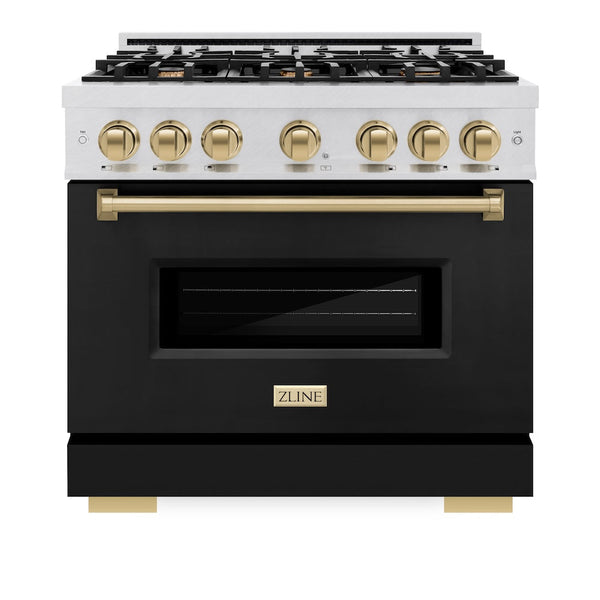 ZLINE Autograph Edition 36 in. 5.2 cu. ft. Classic Dual Fuel Range with 6 Burner Gas Cooktop and Electric Convection Oven in DuraSnow® Stainless Steel with Black Matte Door and Champagne Bronze Accents (CDRSZ-BLM-36-CB)