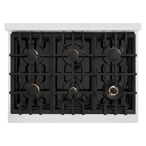 ZLINE Autograph Edition 36 in. 5.2 cu. ft. Classic Dual Fuel Range with 6 Burner Gas Cooktop and Electric Convection Oven in DuraSnow® Stainless Steel with Black Matte Door and Champagne Bronze Accents (CDRSZ-BLM-36-CB)