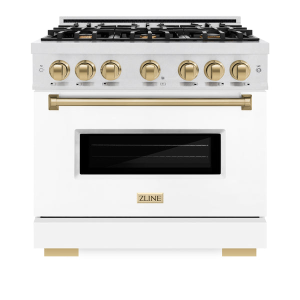 ZLINE Autograph Edition 36 in. 5.2 cu. ft. Classic Dual Fuel Range with 6 Burner Gas Cooktop and Electric Convection Oven in DuraSnow® Stainless Steel with White Matte Door and Champagne Bronze Accents (CDRSZ-WM-36-CB)