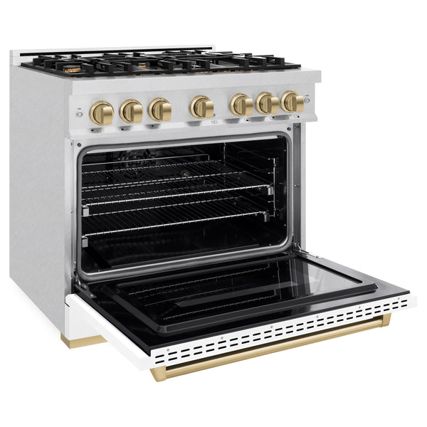 ZLINE Autograph Edition 36 in. 5.2 cu. ft. Classic Dual Fuel Range with 6 Burner Gas Cooktop and Electric Convection Oven in DuraSnow® Stainless Steel with White Matte Door and Champagne Bronze Accents (CDRSZ-WM-36-CB)