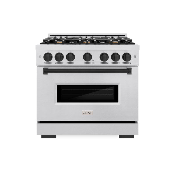 ZLINE Autograph Edition 36 in. 5.2 cu. ft. Classic Dual Fuel Range with 6 Burner Gas Cooktop and Electric Convection Oven in DuraSnow® Stainless Steel with Matte Black Accents (CDRSZ-36-MB)