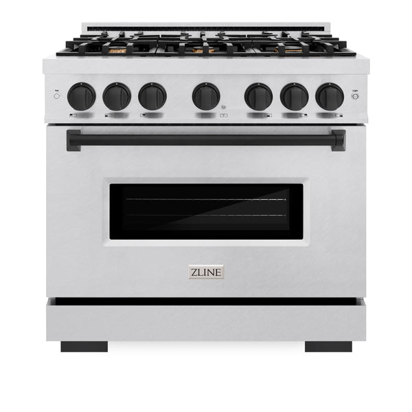 ZLINE Autograph Edition 36 in. 5.2 cu. ft. Classic Dual Fuel Range with 6 Burner Gas Cooktop and Electric Convection Oven in DuraSnow® Stainless Steel with Matte Black Accents (CDRSZ-36-MB)