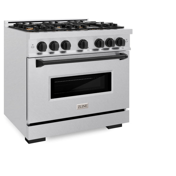 ZLINE Autograph Edition 36 in. 5.2 cu. ft. Classic Dual Fuel Range with 6 Burner Gas Cooktop and Electric Convection Oven in DuraSnow® Stainless Steel with Matte Black Accents (CDRSZ-36-MB)