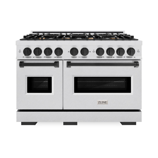 ZLINE Autograph Edition 48 in. 6.7 cu. ft. Classic Double Oven Dual Fuel Range with 8 Burner Gas Cooktop in DuraSnow® Stainless Steel and Matte Black Accents (CDRSZ-48-MB)