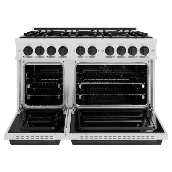 ZLINE Autograph Edition 48 in. 6.7 cu. ft. Classic Double Oven Dual Fuel Range with 8 Burner Gas Cooktop in DuraSnow® Stainless Steel and Matte Black Accents (CDRSZ-48-MB)