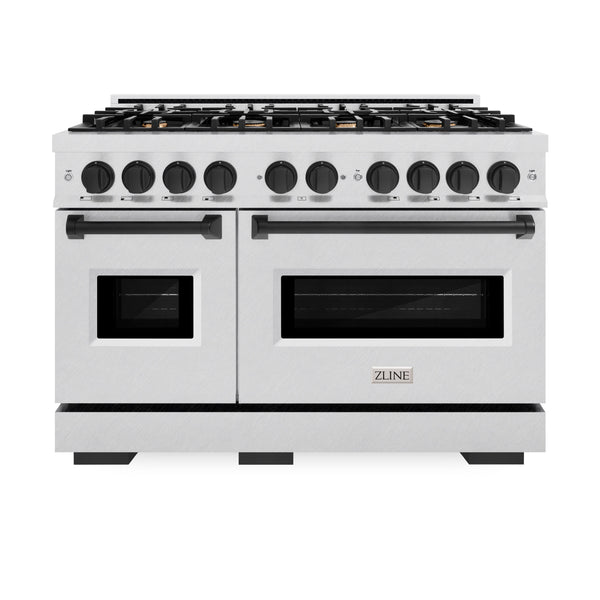 ZLINE Autograph Edition 48 in. 6.7 cu. ft. Classic Double Oven Dual Fuel Range with 8 Burner Gas Cooktop in DuraSnow® Stainless Steel and Matte Black Accents (CDRSZ-48-MB)