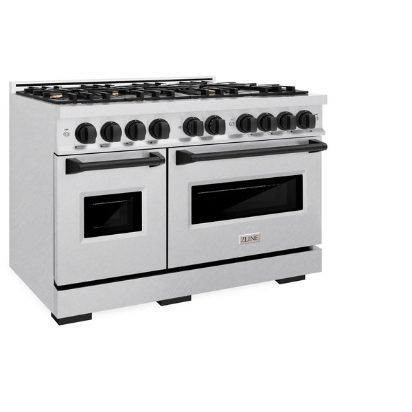 ZLINE Autograph Edition 48 in. 6.7 cu. ft. Classic Double Oven Dual Fuel Range with 8 Burner Gas Cooktop in DuraSnow® Stainless Steel and Matte Black Accents (CDRSZ-48-MB)