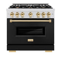 ZLINE Autograph Edition 36 in. 5.2 cu. ft. Classic Dual Fuel Range with 6 Burner Gas Cooktop and Electric Convection Oven in DuraSnow® Stainless Steel with Black Matte Door and Polished Gold Accents (CDRSZ-BLM-36-G)