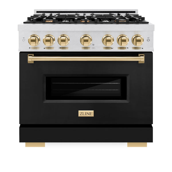 ZLINE Autograph Edition 36 in. 5.2 cu. ft. Classic Dual Fuel Range with 6 Burner Gas Cooktop and Electric Convection Oven in DuraSnow® Stainless Steel with Black Matte Door and Polished Gold Accents (CDRSZ-BLM-36-G)