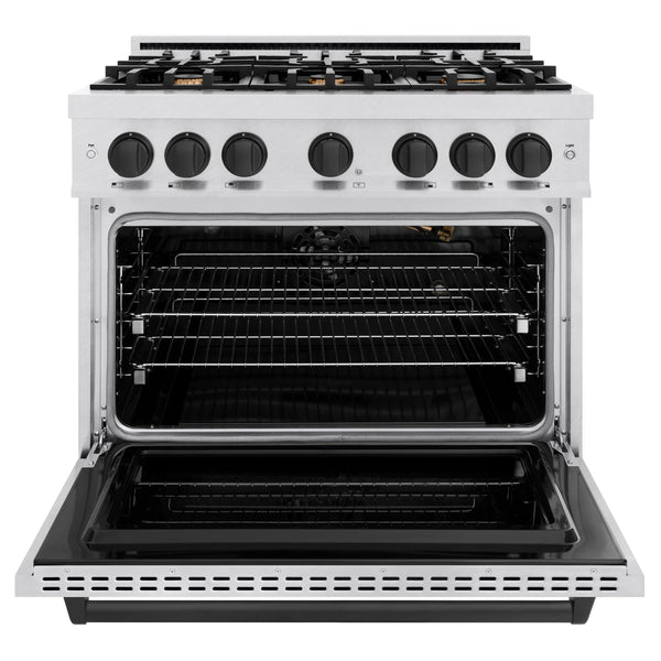 ZLINE Autograph Edition 36 in. 5.2 cu. ft. Classic Gas Range with 6 Burner Cooktop and Convection Gas Oven in DuraSnow® Stainless Steel and Matte Black Accents (CGRSZ-36-MB)