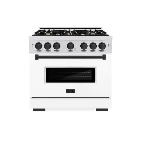 ZLINE Autograph Edition 36 in. 5.2 cu. ft. Classic Gas Range with 6 Burner Cooktop and Convection Gas Oven in DuraSnow® Stainless Steel with White Matte Door and Matte Black Accents (CGRSZ-WM-36-MB)