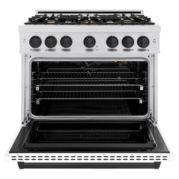 ZLINE Autograph Edition 36 in. 5.2 cu. ft. Classic Gas Range with 6 Burner Cooktop and Convection Gas Oven in DuraSnow® Stainless Steel with White Matte Door and Matte Black Accents (CGRSZ-WM-36-MB)