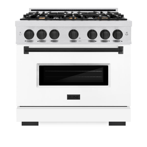 ZLINE Autograph Edition 36 in. 5.2 cu. ft. Classic Gas Range with 6 Burner Cooktop and Convection Gas Oven in DuraSnow® Stainless Steel with White Matte Door and Matte Black Accents (CGRSZ-WM-36-MB)