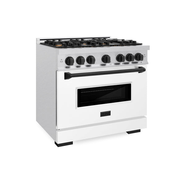 ZLINE Autograph Edition 36 in. 5.2 cu. ft. Classic Gas Range with 6 Burner Cooktop and Convection Gas Oven in DuraSnow® Stainless Steel with White Matte Door and Matte Black Accents (CGRSZ-WM-36-MB)