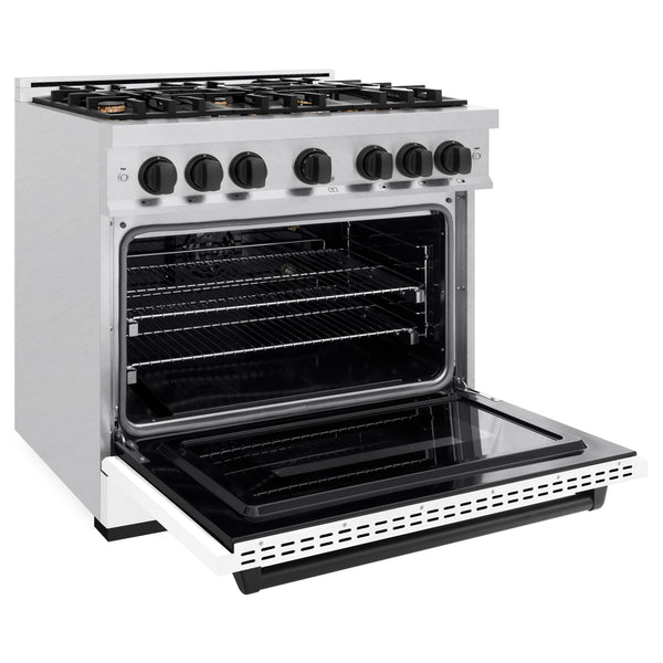ZLINE Autograph Edition 36 in. 5.2 cu. ft. Classic Gas Range with 6 Burner Cooktop and Convection Gas Oven in DuraSnow® Stainless Steel with White Matte Door and Matte Black Accents (CGRSZ-WM-36-MB)