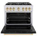 ZLINE Autograph Edition 36 in. 5.2 cu. ft. Classic Gas Range with 6 Burner Cooktop and Convection Gas Oven in DuraSnow® Stainless Steel with Black Matte Door and Polished Gold Accents (CGRSZ-BLM-36-G)
