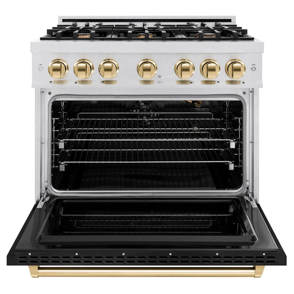 ZLINE Autograph Edition 36 in. 5.2 cu. ft. Classic Gas Range with 6 Burner Cooktop and Convection Gas Oven in DuraSnow® Stainless Steel with Black Matte Door and Polished Gold Accents (CGRSZ-BLM-36-G)