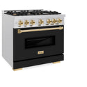 ZLINE Autograph Edition 36 in. 5.2 cu. ft. Classic Gas Range with 6 Burner Cooktop and Convection Gas Oven in DuraSnow® Stainless Steel with Black Matte Door and Polished Gold Accents (CGRSZ-BLM-36-G)