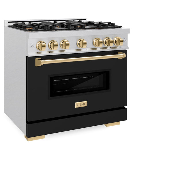 ZLINE Autograph Edition 36 in. 5.2 cu. ft. Classic Gas Range with 6 Burner Cooktop and Convection Gas Oven in DuraSnow® Stainless Steel with Black Matte Door and Polished Gold Accents (CGRSZ-BLM-36-G)