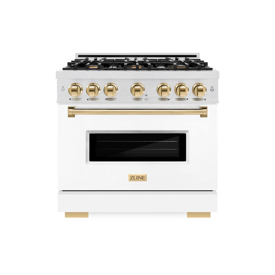 ZLINE Autograph Edition 36 in. 5.2 cu. ft. Classic Gas Range with 6 Burner Cooktop and Convection Gas Oven in Satin Stainless Steel with White Matte Door and Polished Gold Accents (CGRSZ-WM-36-G)