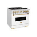 ZLINE Autograph Edition 36 in. 5.2 cu. ft. Classic Gas Range with 6 Burner Cooktop and Convection Gas Oven in DuraSnow® Stainless Steel with White Matte Door and Polished Gold Accents (CGRSZ-WM-36-G)