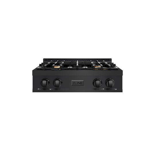 ZLINE 30 in. Classic Gas Rangetop with 4 Brass Burners and Porcelain Cooktop in Black Stainless Steel (RTB-BR-30)