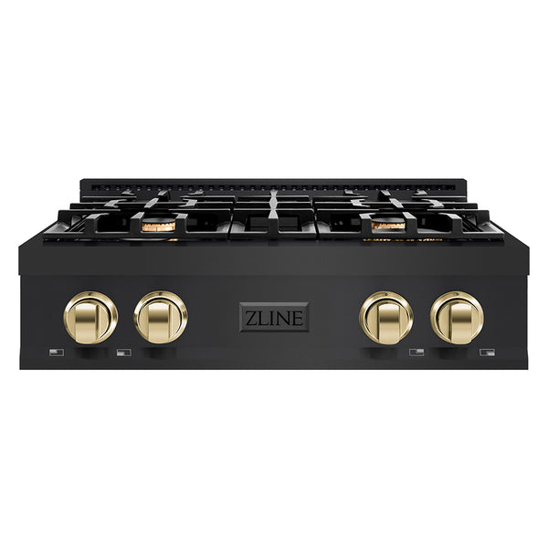 ZLINE Autograph Edition 30 in. Classic Gas Rangetop with 4 Burners and Porcelain Cooktop in Black Stainless Steel with Polished Gold Accents (RTBZ-30-G)