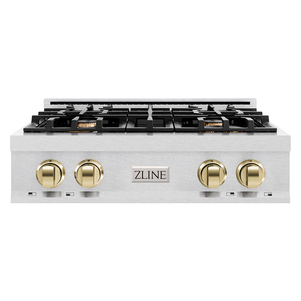 ZLINE Autograph Edition 30 in. Classic Gas Rangetop with 4 Burners and Porcelain Cooktop in Satin Stainless Steel with Polished Gold Accents (RTSZ-30-G)