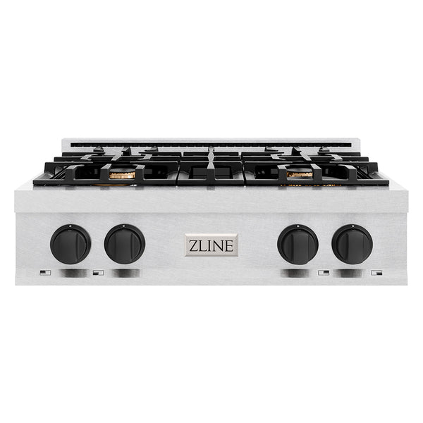 ZLINE Autograph Edition 30 in. Classic Gas Rangetop with 4 Burners and Porcelain Cooktop in Satin Stainless Steel with Matte Black Accents (RTSZ-30-MB)