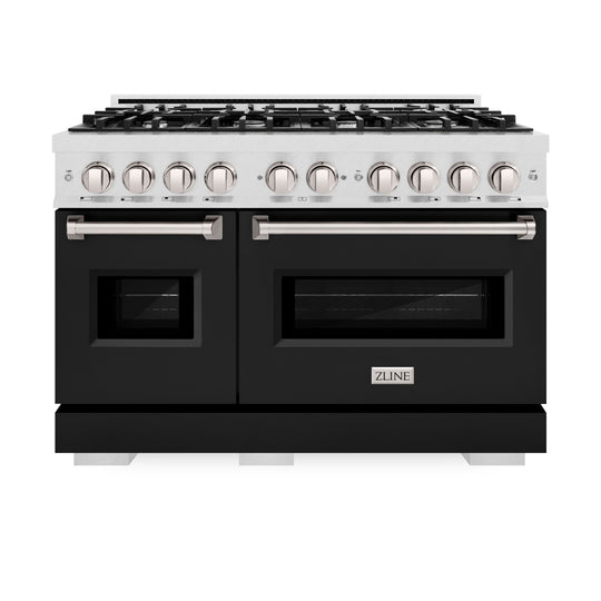 ZLINE 48 in. 6.7 cu. ft. Classic Double Oven Dual Fuel Range with 8 Burner Gas Cooktop in Satin Stainless Steel with Black Matte Doors (CDRS-BLM-48)