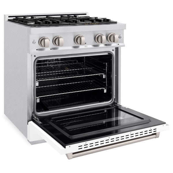 ZLINE 30 in. 4.2 cu. ft. Classic Dual Fuel Range with 4 Burner Gas Cooktop and Electric Convection Oven in Satin Stainless Steel with White Matte Door (CDRS-WM-30)