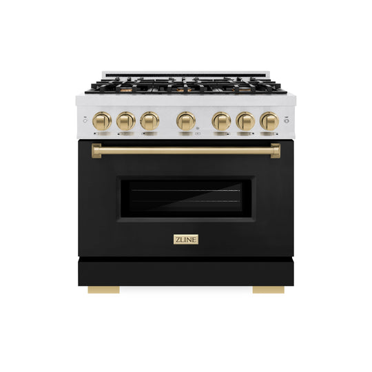 ZLINE Autograph Edition 36 in. 5.2 cu. ft. Classic Dual Fuel Range with 6 Burner Gas Cooktop and Electric Convection Oven in Satin Stainless Steel with Black Matte Door and Champagne Bronze Accents (CDRSZ-BLM-36-CB)