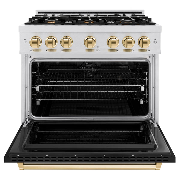 ZLINE Autograph Edition 36 in. 5.2 cu. ft. Classic Dual Fuel Range with 6 Burner Gas Cooktop and Electric Convection Oven in Satin Stainless Steel with Black Matte Door and Polished Gold Accents (CDRSZ-BLM-36-G)