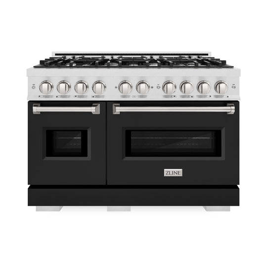 ZLINE 48 in. 6.7 cu. ft. Classic Double Oven Gas Range with 8 Burner Cooktop in Satin Stainless Steel with Black Matte Doors (CGRS-BLM-48)