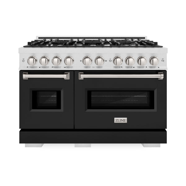 ZLINE 48 in. 6.7 cu. ft. Classic Double Oven Gas Range with 8 Burner Cooktop in Satin Stainless Steel with Black Matte Doors (CGRS-BLM-48)