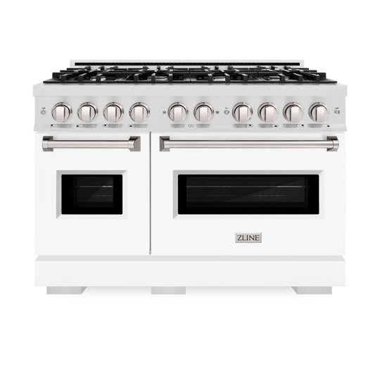 ZLINE 48 in. 6.7 cu. ft. Classic Double Oven Gas Range with 8 Burner Cooktop in Satin Stainless Steel with White Matte Doors (CGRS-WM-48)