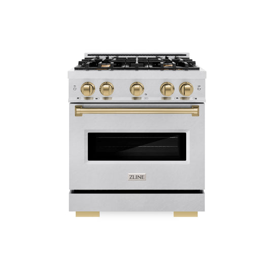 ZLINE Autograph Edition 30 in. 4.2 cu. ft. Classic Gas Range with 4 Burner Cooktop and Convection Gas Oven in Satin Stainless Steel and Champagne Bronze Accents (CGRSZ-30-CB)