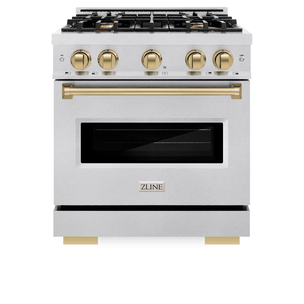 ZLINE Autograph Edition 30 in. 4.2 cu. ft. Classic Gas Range with 4 Burner Cooktop and Convection Gas Oven in Satin Stainless Steel and Champagne Bronze Accents (CGRSZ-30-CB)