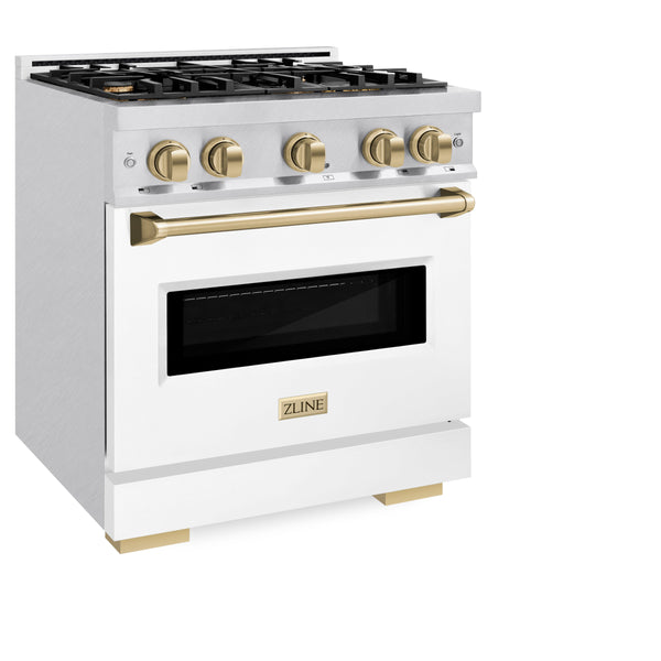 ZLINE Autograph Edition 30 in. 4.2 cu. ft. Classic Gas Range with 4 Burner Cooktop and Convection Gas Oven in Satin Stainless Steel with White Matte Door and Champagne Bronze Accents (CGRSZ-WM-30-CB)