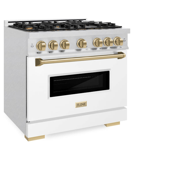 ZLINE Autograph Edition 36 in. 5.2 cu. ft. Classic Gas Range with 6 Burner Cooktop and Convection Gas Oven in Satin Stainless Steel with White Matte Door and Champagne Bronze Accents (CGRSZ-WM-36-CB)