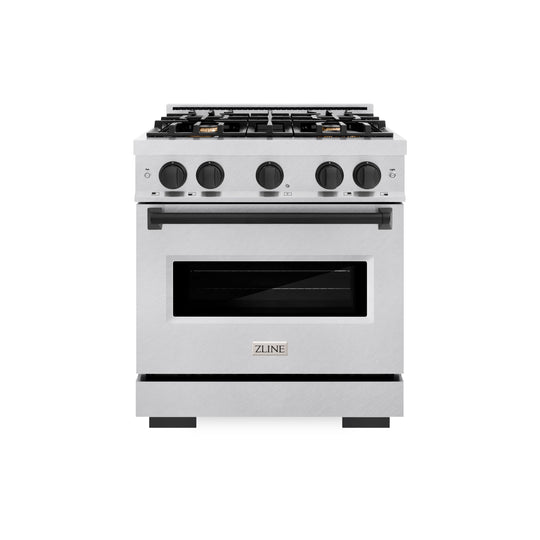 ZLINE Autograph Edition 30 in. 4.2 cu. ft. Classic Gas Range with 4 Burner Cooktop and Convection Gas Oven in Satin Stainless Steel with White Matte Door and Matte Black Accents (CGRSZ-WM-30-MB)