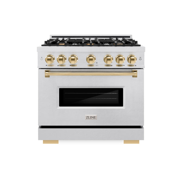 ZLINE Autograph Edition 36 in. 5.2 cu. ft. Classic Gas Range with 6 Burner Cooktop and Convection Gas Oven in Satin Stainless Steel and Polished Gold Accents (CGRSZ-36-G)