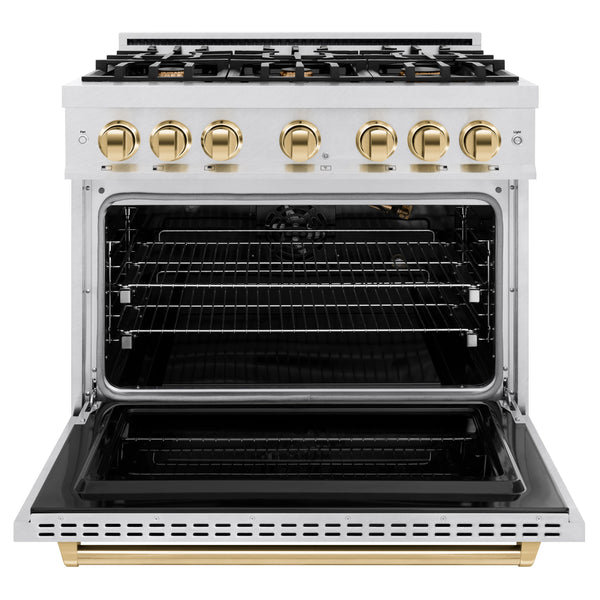 ZLINE Autograph Edition 36 in. 5.2 cu. ft. Classic Gas Range with 6 Burner Cooktop and Convection Gas Oven in Satin Stainless Steel and Polished Gold Accents (CGRSZ-36-G)