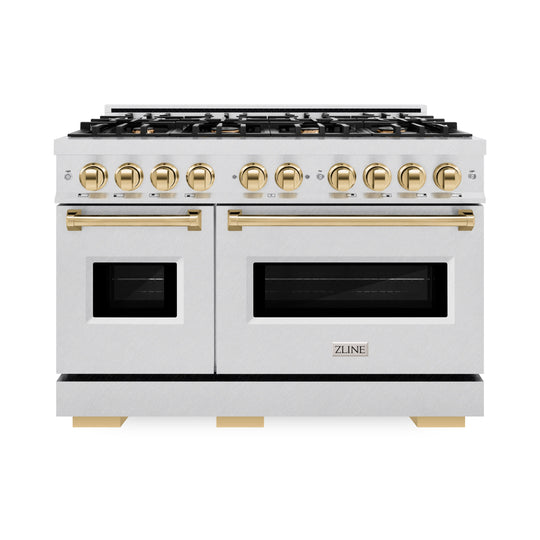 ZLINE Autograph Edition 48 in. 6.7 cu. ft. Classic Double Oven Gas Range with 8 Burner Cooktop in Satin Stainless Steel and Polished Gold Accents (CGRSZ-48-G)