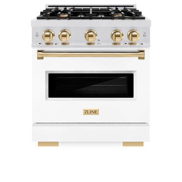 ZLINE Autograph Edition 30 in. 4.2 cu. ft. Classic Gas Range with 4 Burner Cooktop and Convection Gas Oven in Satin Stainless Steel with White Matte Door and Polished Gold Accents (CGRSZ-WM-30-G)