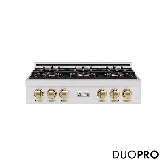 ZLINE Autograph Edition 36 in. Classic Gas Rangetop with 6 Burner DuoPro™ Cooktop in Satin Stainless Steel and Champagne Bronze Accents (PCRTSZ-36-CB)